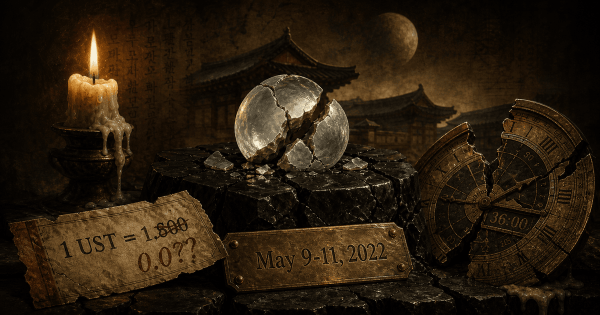 Luna 36 小时崩盘寓意 · 碎裂的银色月光宝石、撕开的 UST=1.000 票据、背景韩国韩屋剪影、冻结的天文钟